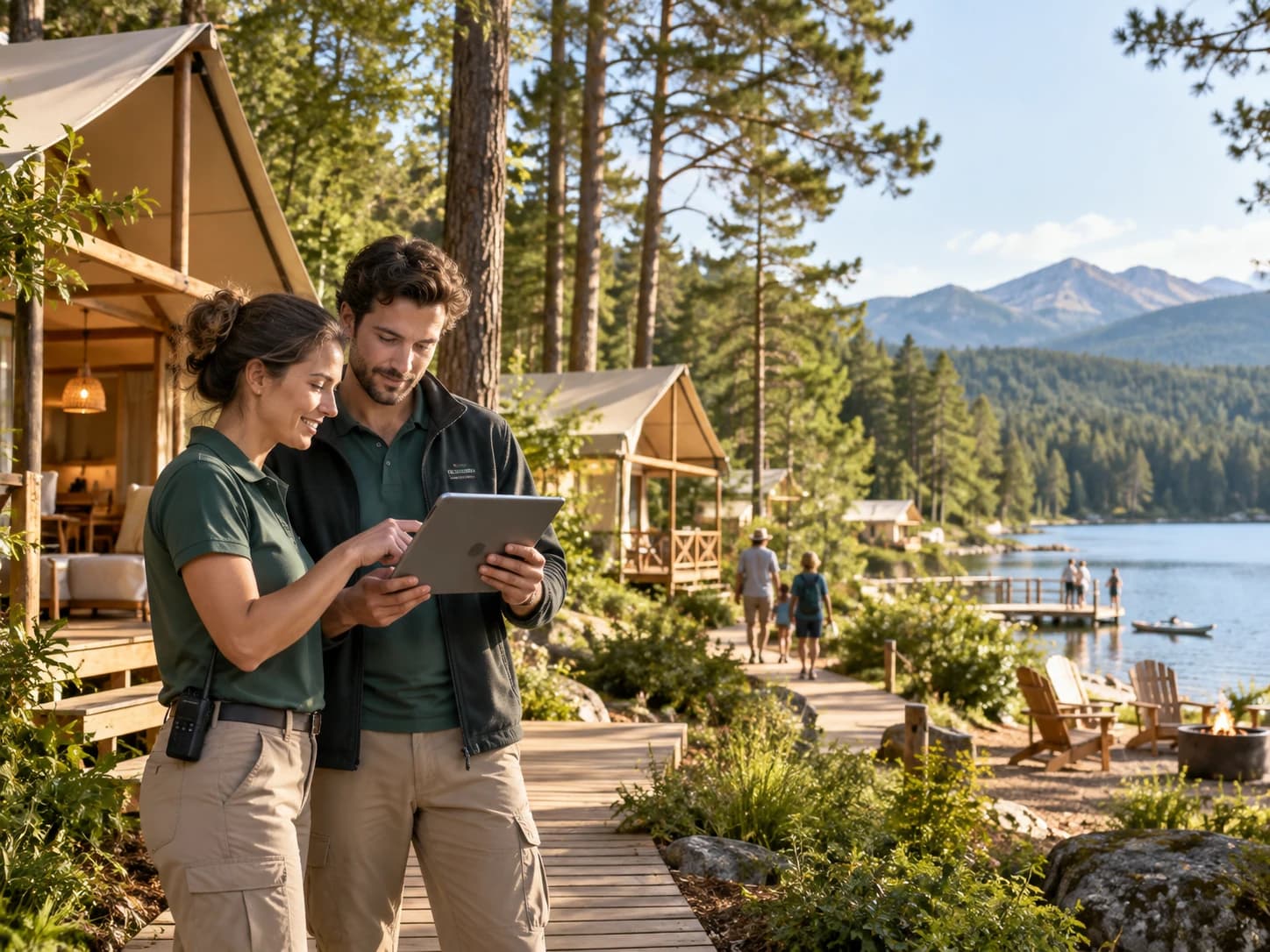 Deux membres d'une équipe d'hôtellerie de plein air consultent une tablette au bord d'un lac