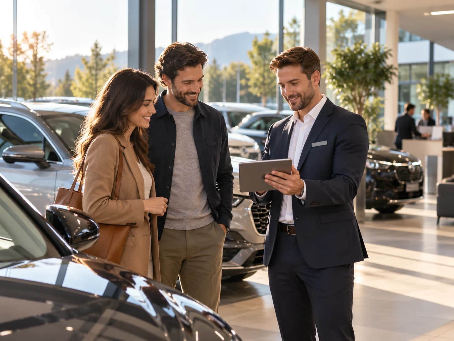 Un vendeur présente une tablette à un couple dans un hall de concession automobile