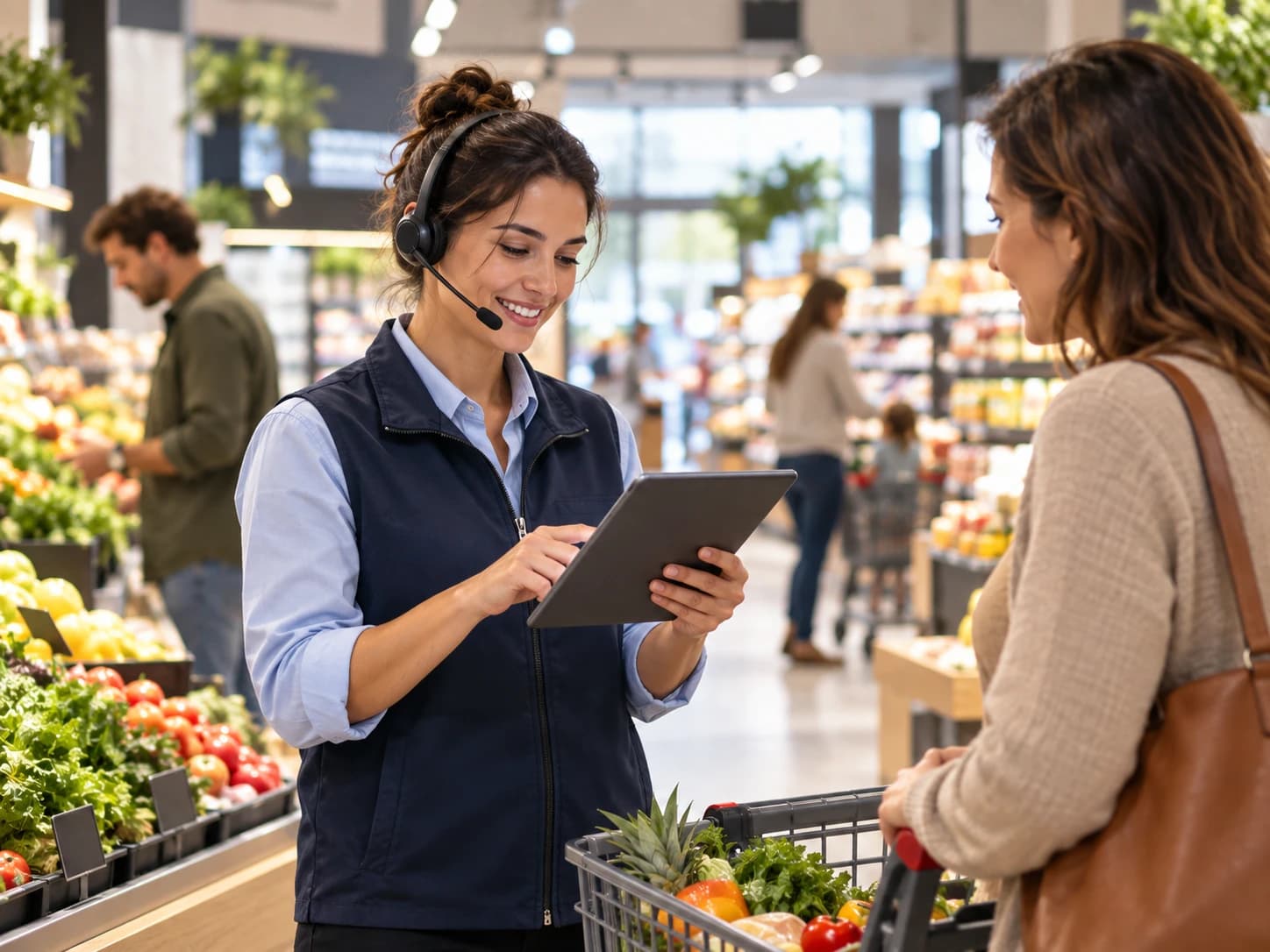 Une employée de grande surface renseigne une cliente depuis sa tablette, dans le rayon fruits et légumes