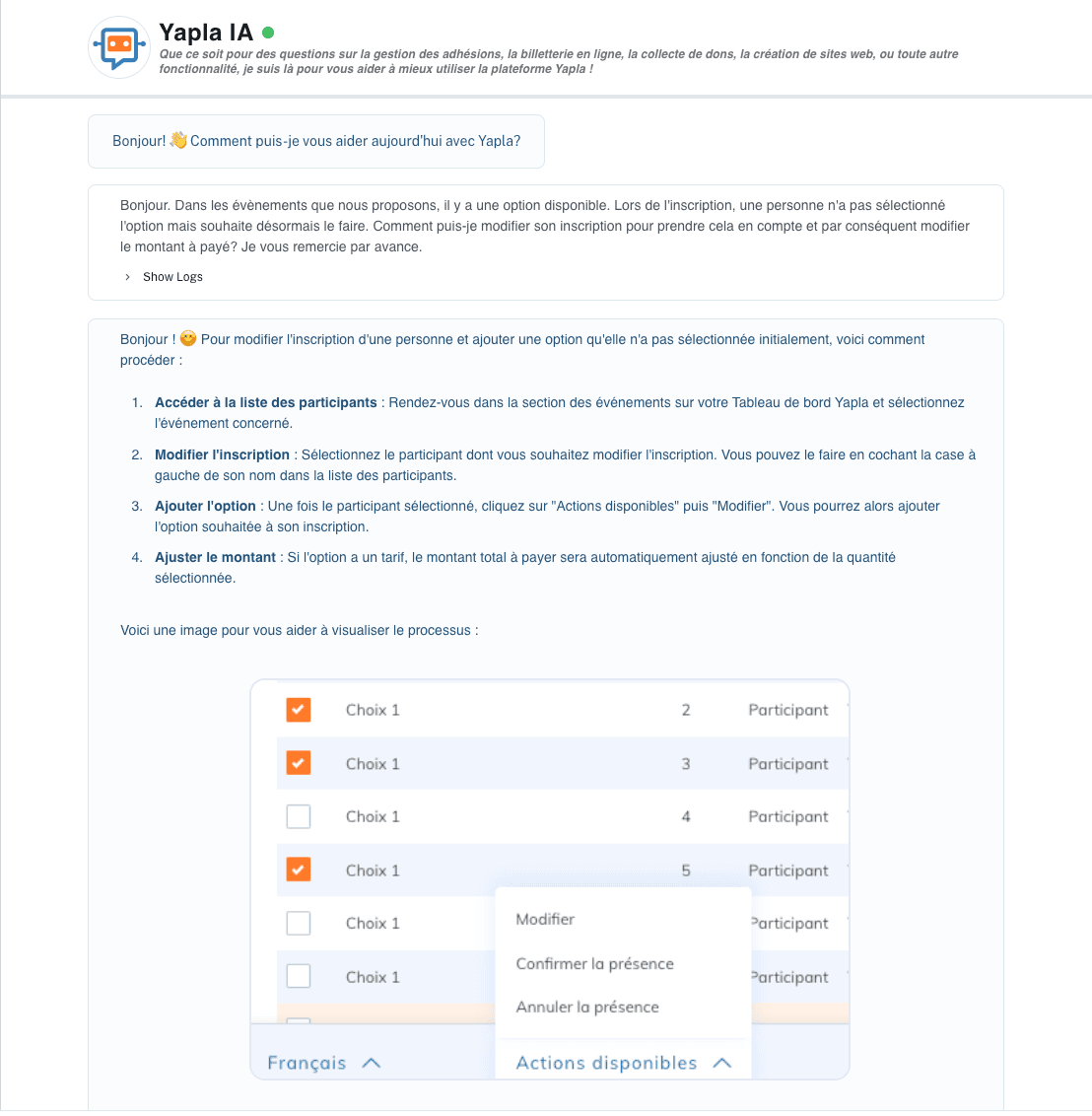L'agent Yapla IA répond à une question sur la modification d'une inscription à un événement, en détaillant la marche à suivre étape par étape et en montrant l'écran concerné.